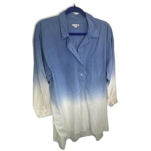 Blue & White Ombre Fade Cotton long length blouse XL